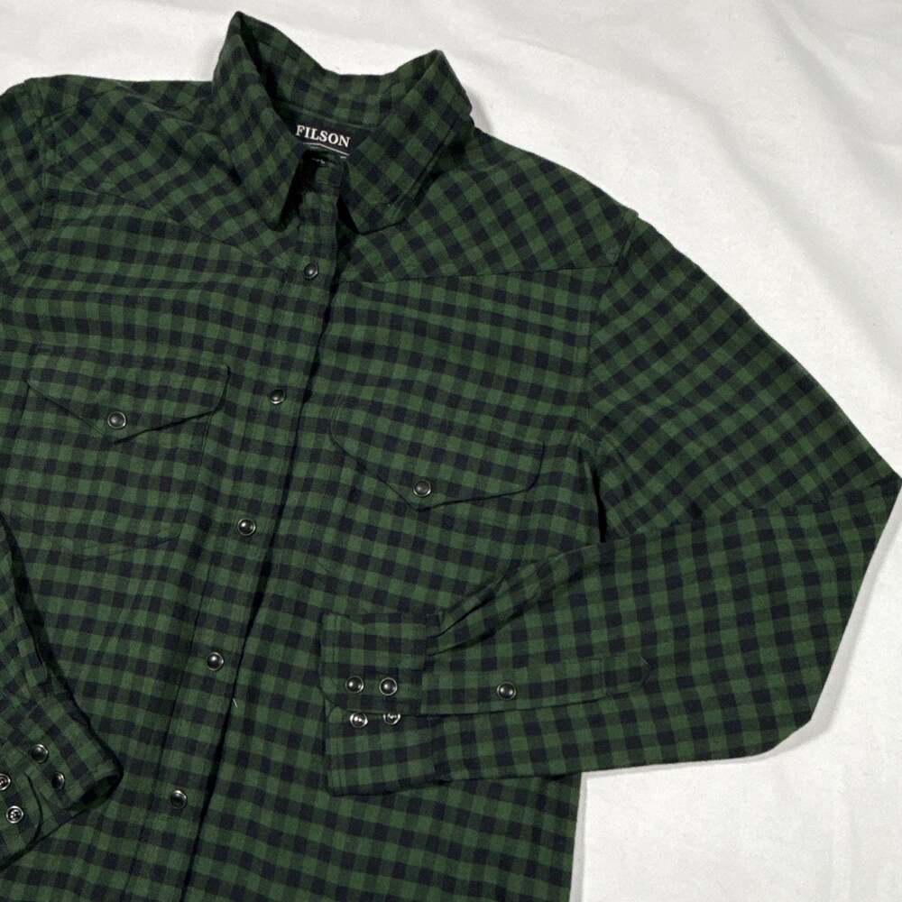Filson Mens Medium Green Black Plaid Flannel Shirt Long Sleeve Snap Front Work